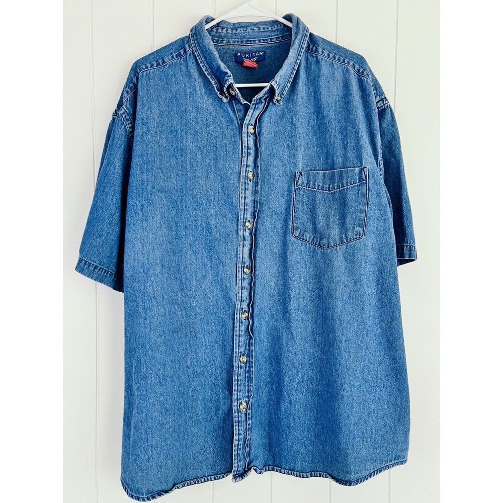 Puritan Blue Recycled Cotton Button Up Mens Denim Shirt Work Casual Coastal 3XL